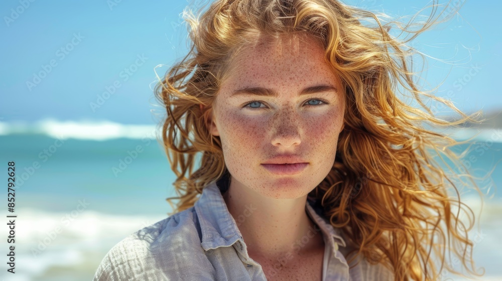 Beachside Serenity: Portrait of a Freckled Woman with Sandy Blonde Hair and Blue Eyes Beachside Serenity: Portrait of a Freckled Woman with Sandy Blonde Hair and Blue Eyes