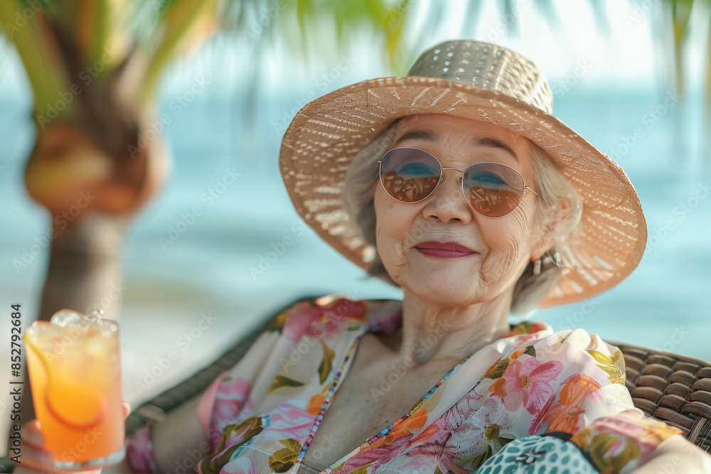 Fototapeta premium Old asian woman lies on the beach on a sun lounger, senior person on a tranquil holiday, wearing sunglasses and a hat, calm by the ocean.