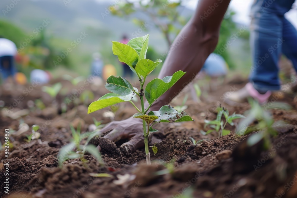 Volunteer Effort Planting Young Saplings to Combat Deforestation and Promote Environmental Sustainability Volunteer Effort Planting Young Saplings to Combat Deforestation and Promote Environmental Sustainability