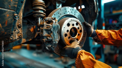 Auto mechanic installing front brake calipers and brake pads.