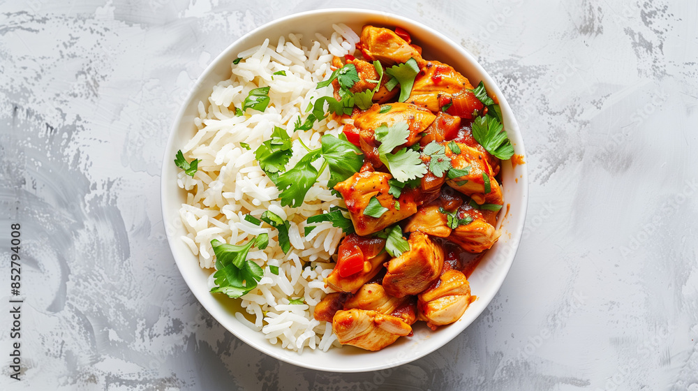 Chicken tikka masala with rice in a white bowl on a plain background. Intense aromas and juicy pieces of meat, balanced with slightly spicy rice, create a perfect flavor composition.