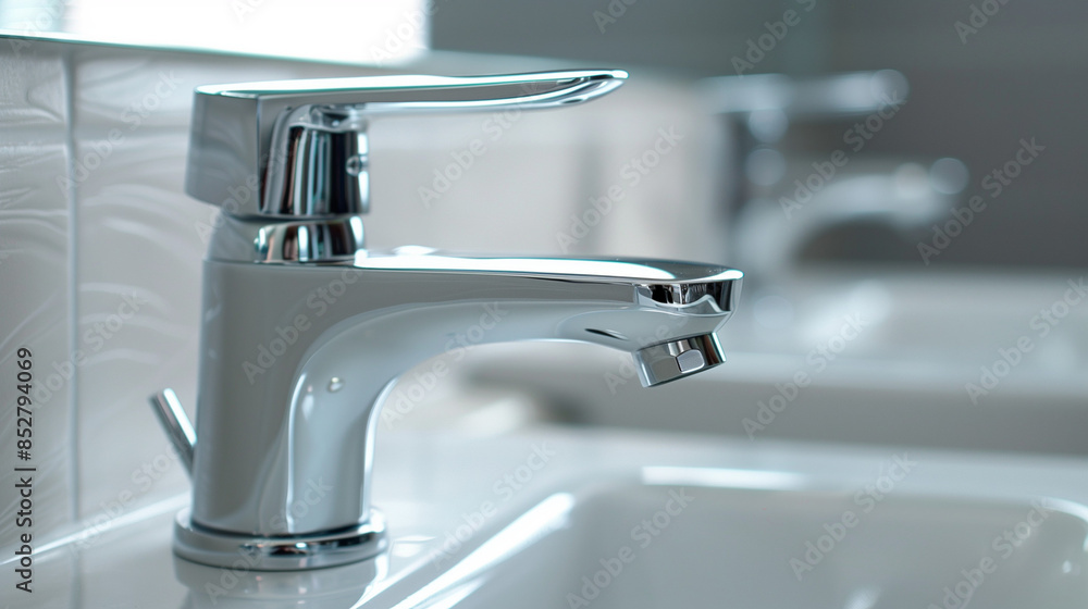 A close shot of a modern chrome bathroom faucet, perfect for home improvement and plumbing work. A combination of functionality and aesthetics that adds class and sophistication to the bathroom. A close shot of a modern chrome bathroom faucet, perfect for home improvement and plumbing work. A combination of functionality and aesthetics that adds class and sophistication to the bathroom.