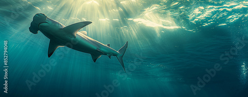 A great hammerhead shark swimming in the ocean, sun rays shining through the water, hyper realistic photography in the style of nature photo