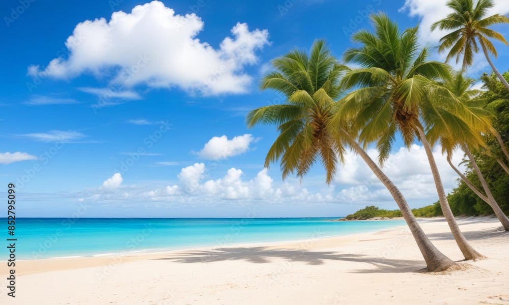 A Tropical Beach with White Sand, Turquoise Water, a Palm Tree in the Foreground, and a Blue Sky with Fluffy White Clouds - Idyllic Paradise Escape A Tropical Beach with White Sand, Turquoise Water, a Palm Tree in the Foreground, and a Blue Sky with Fluffy White Clouds - Idyllic Paradise Escape