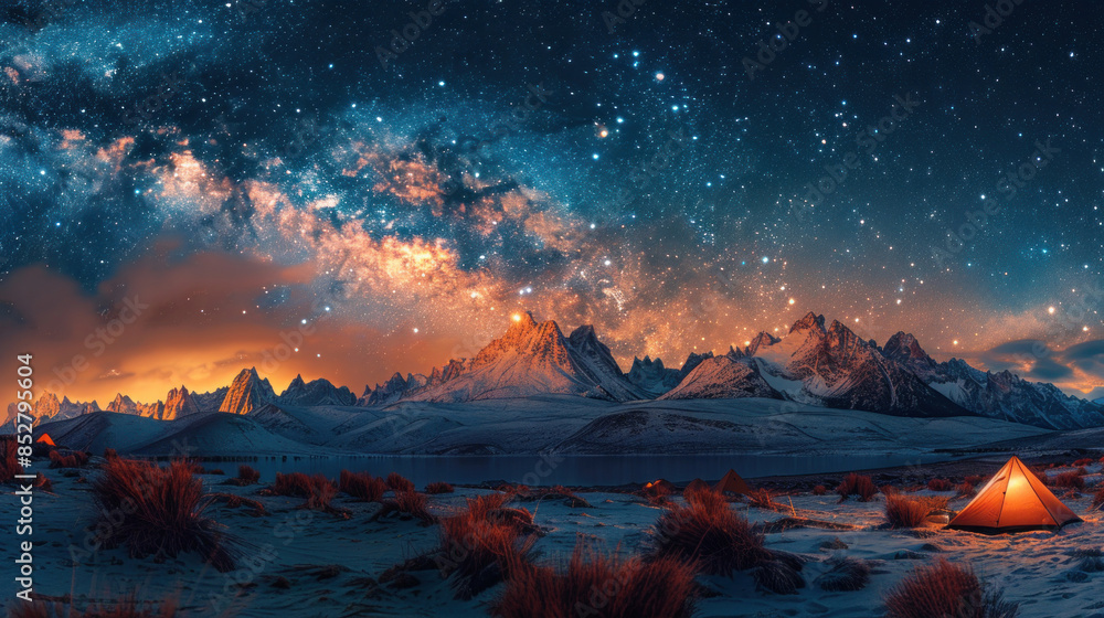 Fototapeta premium Adventure and travel, campers in the mountains under a starry sky with the Milky Way, the serene panorama showcasing the beauty of nature and the thrill of exploration.