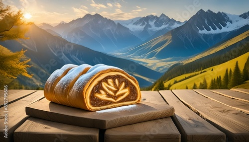 sudtiroler strudel on a wooden table in the mountains photo