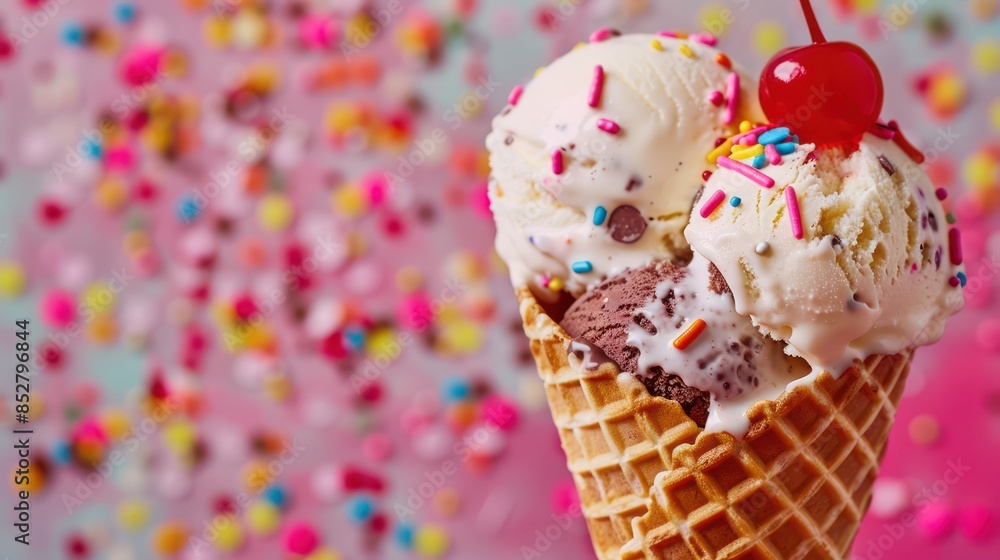Ice cream cone close-up. Pink Icecream scoop in waffle cone over blue background. Strawberry or raspberry flavor Sweet dessert decorated with colorful sprinkles, closeup Ice cream cone close-up. Pink Icecream scoop in waffle cone over blue background. Strawberry or raspberry flavor Sweet dessert decorated with colorful sprinkles, closeup