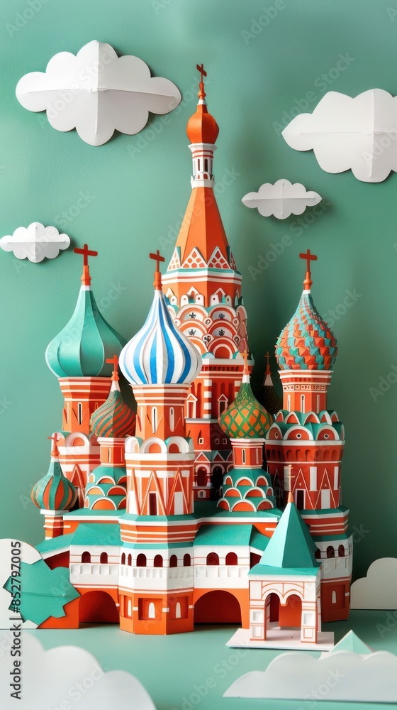 Intricate Kirigami Reproduction of St. Basil's Cathedral with Symmetrical Design on Clean Background, Featuring Orange, White, Green Tones under Bright Lighting with Clouds and Floral Accents Intricate Kirigami Reproduction of St. Basil's Cathedral with Symmetrical Design on Clean Background, Featuring Orange, White, Green Tones under Bright Lighting with Clouds and Floral Accents