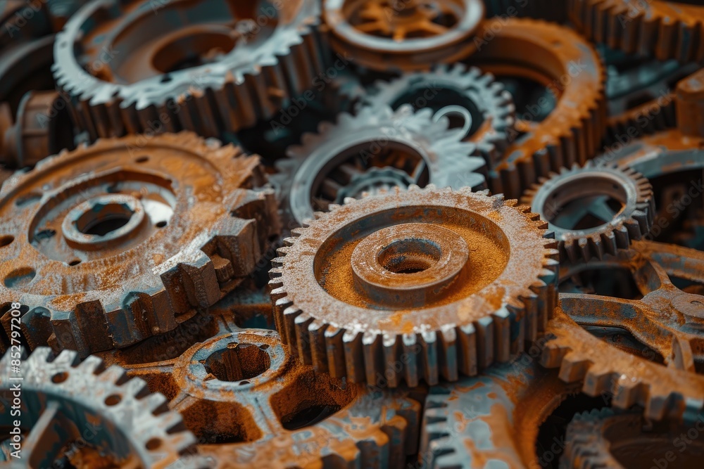 Pile of old metal gears and cogs. Spare parts for industrial machines. Pile of old metal gears and cogs. Spare parts for industrial machines.