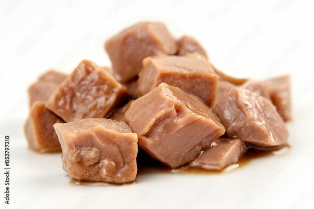 Cubes of Wet Pet Food on White Background. Pile of Canned Meat Chunks for Pets Cubes of Wet Pet Food on White Background. Pile of Canned Meat Chunks for Pets
