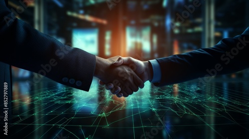 Futuristic business partnership  creative digital handshake with investment data visualization photo