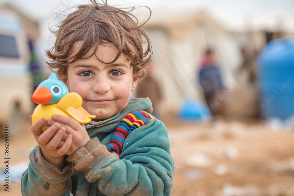 Portrait of a Refugee Child Holding a Toy Duck in a Camp - Highlighting Resilience and Innocence Portrait of a Refugee Child Holding a Toy Duck in a Camp - Highlighting Resilience and Innocence