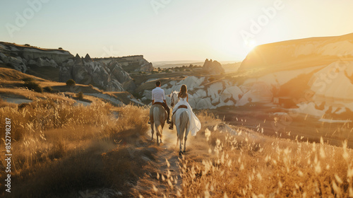 couple enjoying horses in Cappadocia in Turkey photo