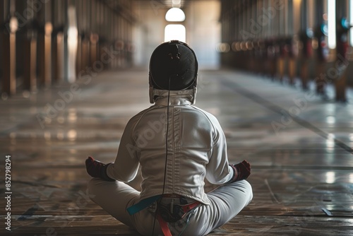 Fencer Meditating in Gear: Focus and Strategy before a Competitive Match in an Empty Hallway photo