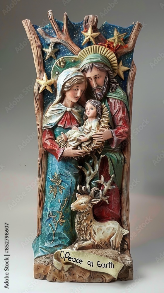 Fototapeta premium A wooden sculpture of a man, woman and child holding a baby. The sculpture is titled 