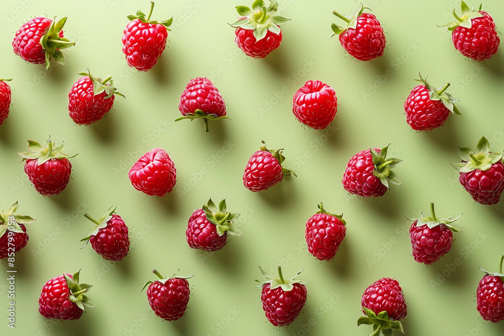 Flat lay pattern of raspberry with shaddows on green backgrounds Flat lay pattern of raspberry with shaddows on green backgrounds
