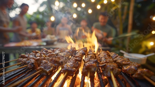 Variety of Barbecue skewers meat kebabs with vegetables on hot flaming grill