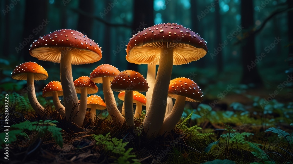 Fototapeta premium Glowing Mushrooms in an Enchanting Forest