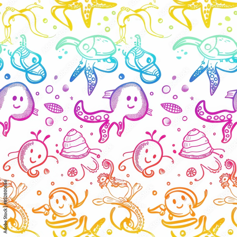 A seamless pattern featuring various hand-drawn sea creatures, including octopuses, seahorses, seashells, and starfish, all outlined in black and filled with a vibrant rainbow gradient. The design is A seamless pattern featuring various hand-drawn sea creatures, including octopuses, seahorses, seashells, and starfish, all outlined in black and filled with a vibrant rainbow gradient. The design is