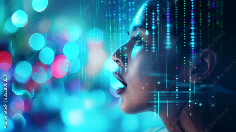 Profile of a woman with glowing digital data lines and vibrant bokeh lights. Profile of a woman with glowing digital data lines and vibrant bokeh lights.