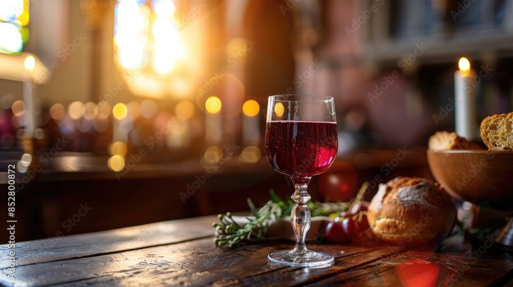 Partaking in Holy Communion at a wooden table in a church where a glass cup filled with red wine and bread are present symbolizes the significance of the Feast of Corpus Christi Partaking in Holy Communion at a wooden table in a church where a glass cup filled with red wine and bread are present symbolizes the significance of the Feast of Corpus Christi