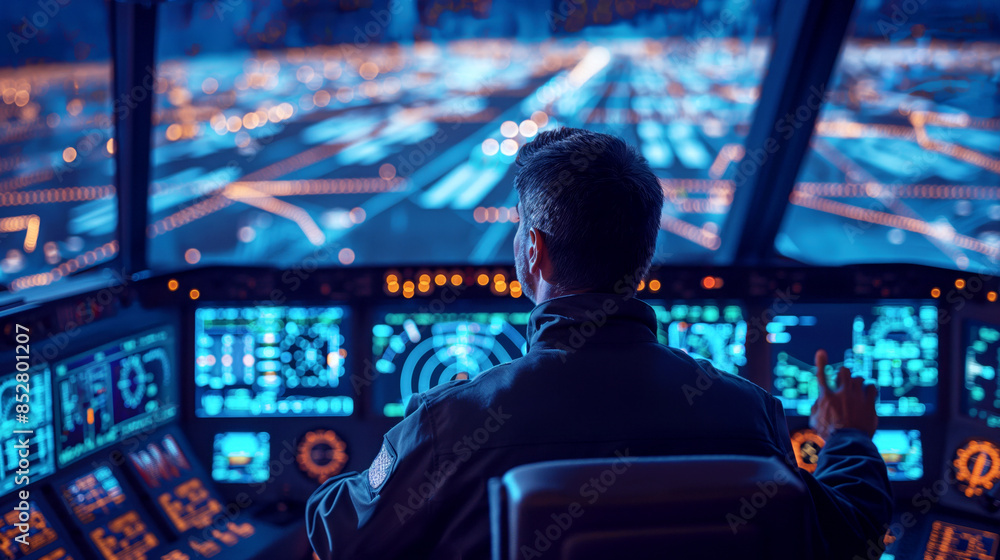 Pilot navigating an aircraft at night, with illuminated controls and city lights visible through the cockpit windshield. Pilot navigating an aircraft at night, with illuminated controls and city lights visible through the cockpit windshield.
