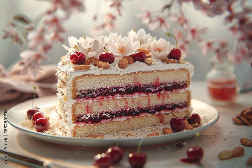 A cherry almond blossom cake featuring layers of almond sponge A cherry almond blossom cake featuring layers of almond sponge
