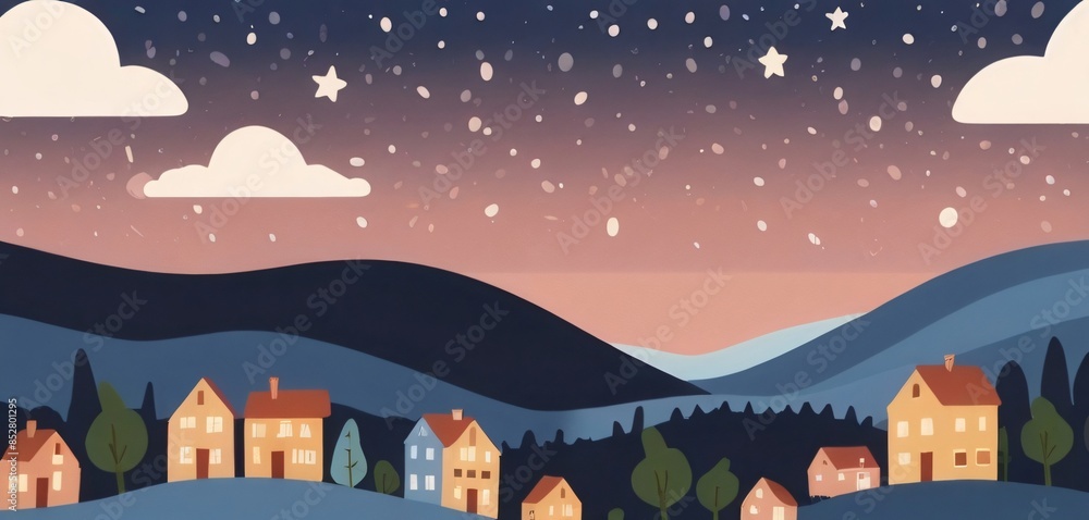 flat illustraton of quiet town with starry night flat illustraton of quiet town with starry night