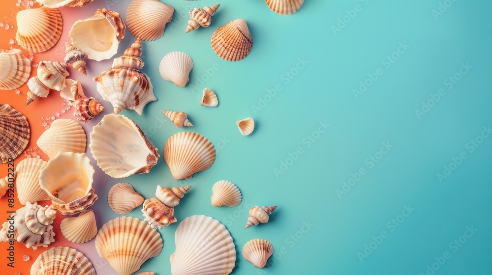 This image features a collection of seashells arranged on a blue and ...