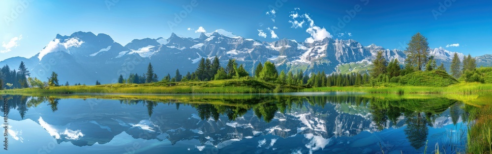 A serene mountain lake nestled amidst a verdant valley, reflecting the majestic snow-capped peaks in its crystal clear waters. The sun shines brightly, creating a vibrant blue sky above the lush lands A serene mountain lake nestled amidst a verdant valley, reflecting the majestic snow-capped peaks in its crystal clear waters. The sun shines brightly, creating a vibrant blue sky above the lush lands