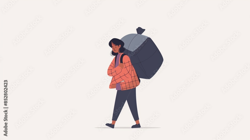 Illustration of a woman with dark hair wearing a checkered shirt and carrying a large backpack. Minimalistic background with neutral tones. Illustration of a woman with dark hair wearing a checkered shirt and carrying a large backpack. Minimalistic background with neutral tones.