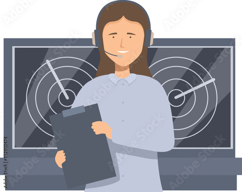 Air traffic controller woman working holding a clipboard and wearing a headset with a radar screen in the background
