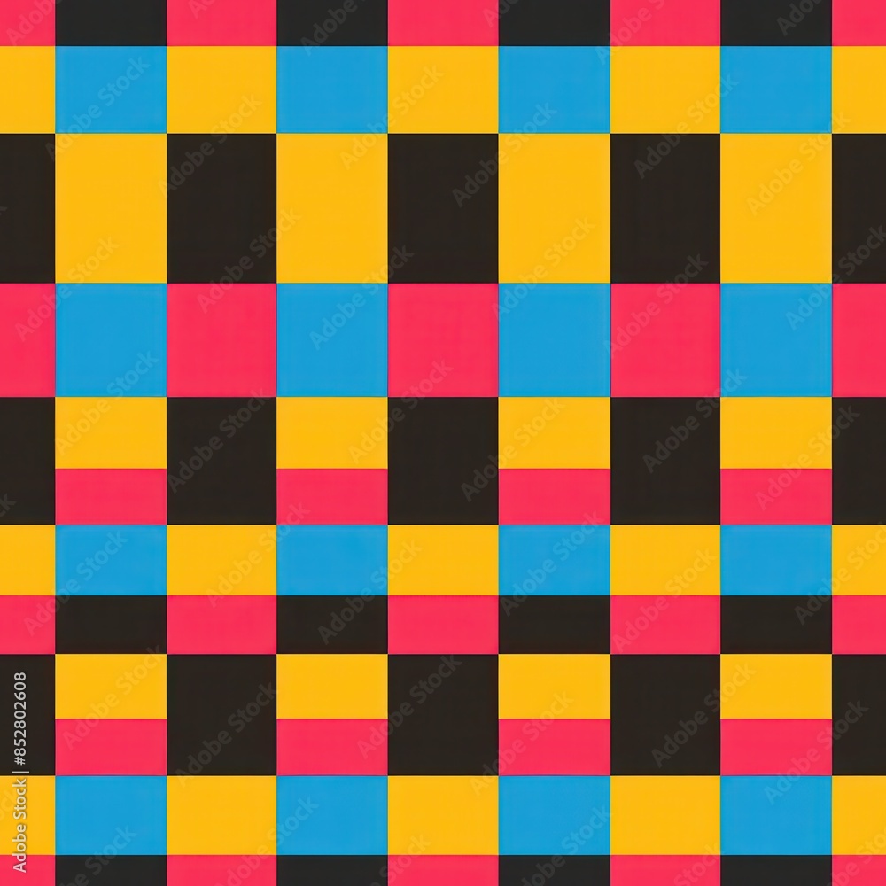 This image shows a simple abstract pattern, similar to a checkerboard, featuring squares of yellow, blue, pink, and black. The colors are vibrant and saturated, making the pattern appear bold and eye- This image shows a simple abstract pattern, similar to a checkerboard, featuring squares of yellow, blue, pink, and black. The colors are vibrant and saturated, making the pattern appear bold and eye-