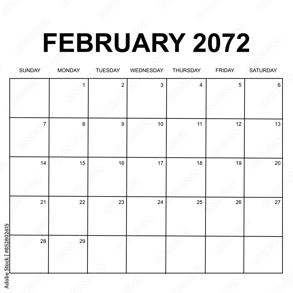 february 2072. monthly calendar design. week starts on sunday. printable, simple, and clean vector design isolated on white background. february 2072. monthly calendar design. week starts on sunday. printable, simple, and clean vector design isolated on white background.