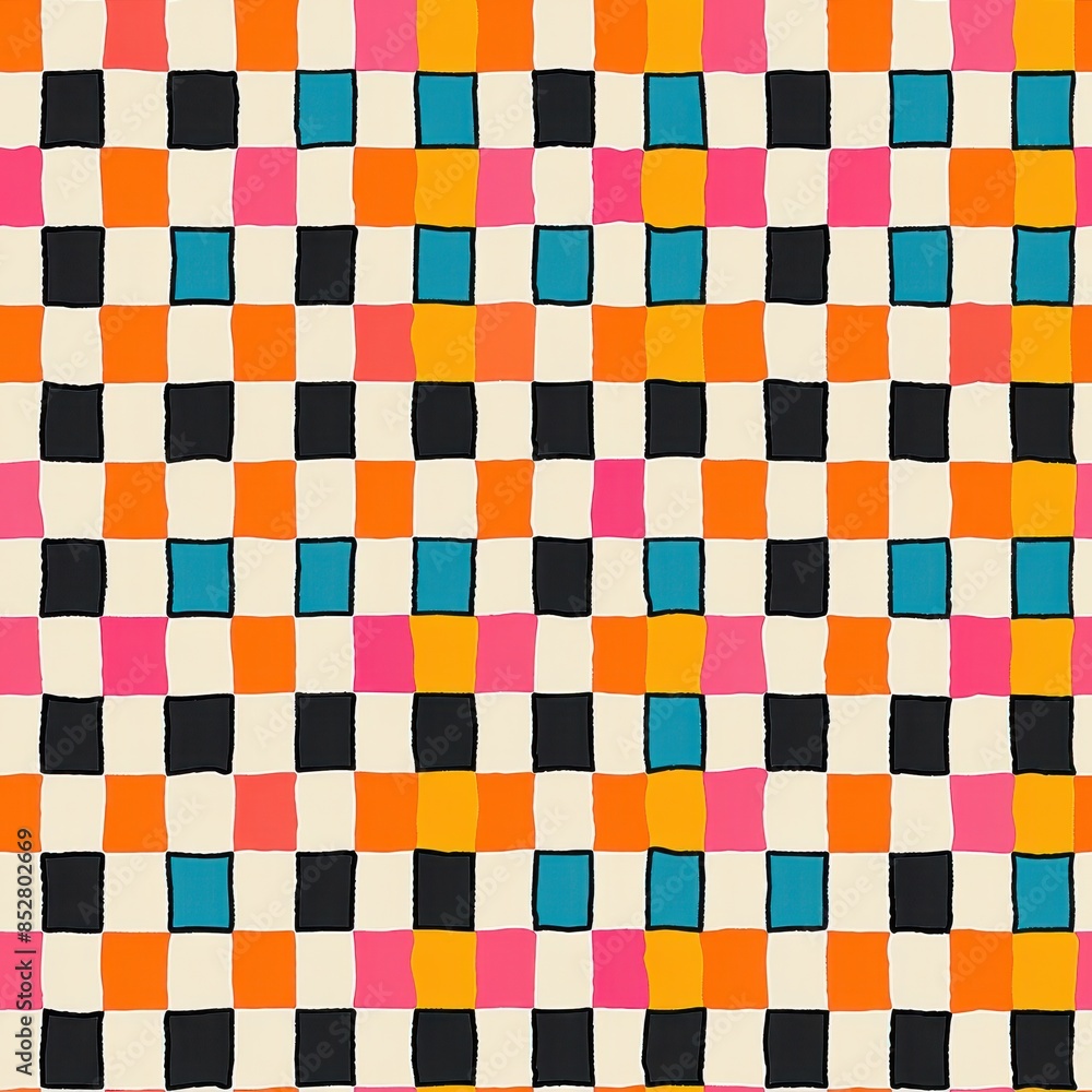This image showcases a vibrant, hand-drawn checkerboard pattern featuring a variety of colors. The pattern consists of squares in black, orange, pink, blue, and white, with a slight variation in size This image showcases a vibrant, hand-drawn checkerboard pattern featuring a variety of colors. The pattern consists of squares in black, orange, pink, blue, and white, with a slight variation in size