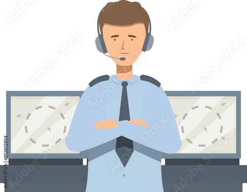 Air traffic controller is standing with arms crossed, managing air traffic in the control tower