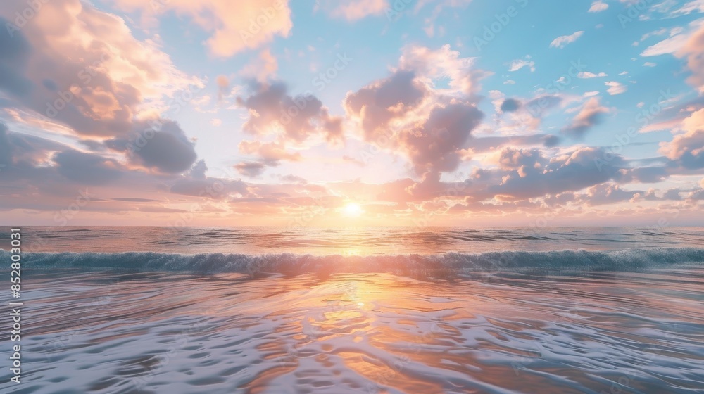 Obraz premium A panoramic view of a calm ocean at sunset. The sky is painted with vibrant hues of pink and blue, with fluffy clouds scattered across the canvas. The sun, positioned in the center, casts a warm glow 