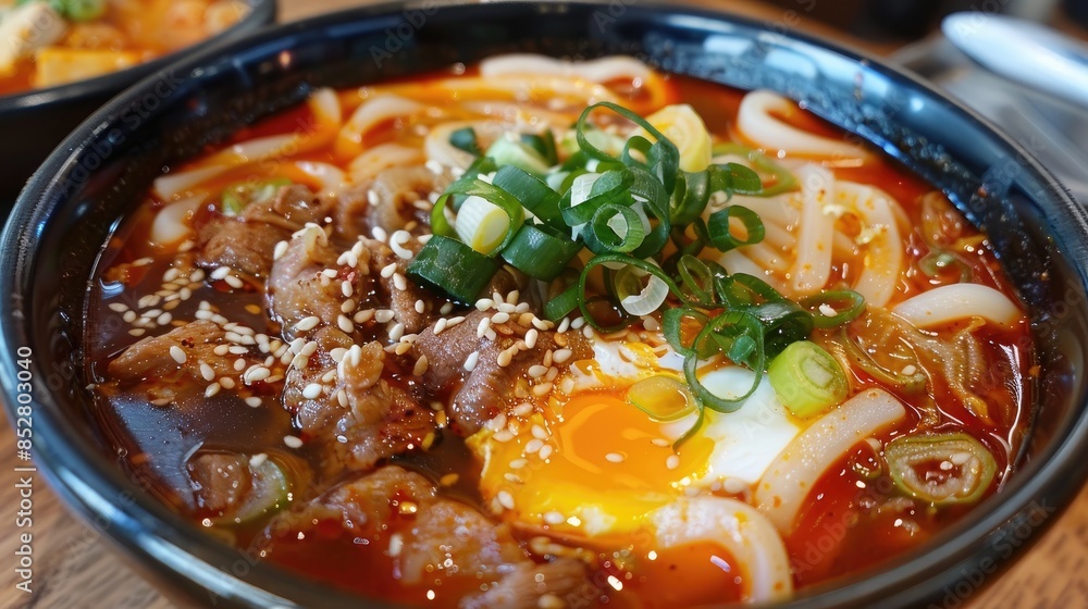 Asian style Korean udon ramen with pork in spicy kimchi broth Asian style Korean udon ramen with pork in spicy kimchi broth