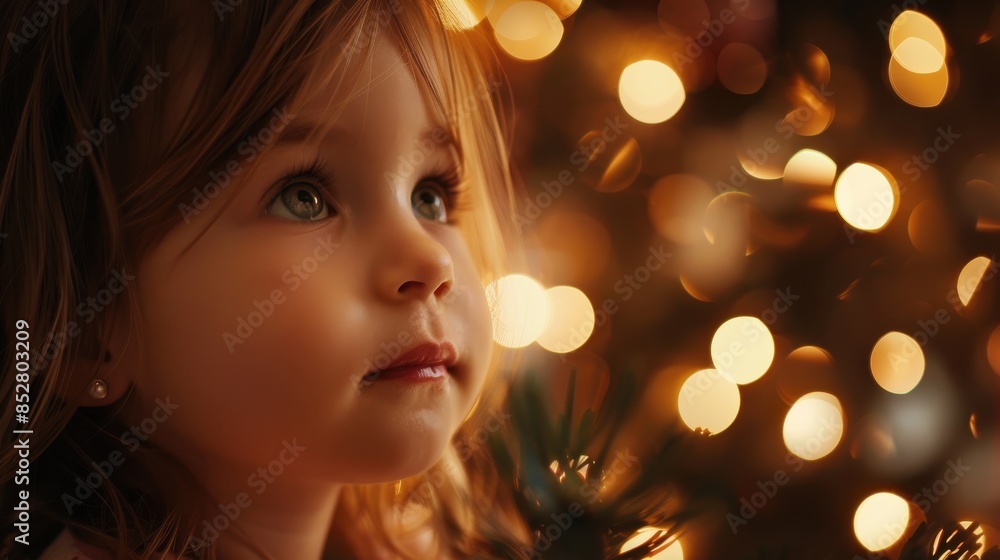A young girl with brown hair and blue eyes looks up at a string of Christmas lights. The background is blurred and out of focus, with the lights appearing as bright, round orbs. A young girl with brown hair and blue eyes looks up at a string of Christmas lights. The background is blurred and out of focus, with the lights appearing as bright, round orbs.