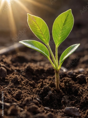 Small plant in soil, sunlight sparkles. Represents growth, life, nature, and hope.