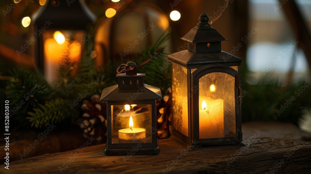 Three lanterns are lit and placed on a wooden table with greenery in the background. The lanterns are glowing warmly, creating a cozy and inviting atmosphere. The scene is captured in a close-up shot, Three lanterns are lit and placed on a wooden table with greenery in the background. The lanterns are glowing warmly, creating a cozy and inviting atmosphere. The scene is captured in a close-up shot,