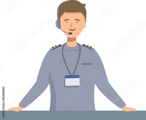 Airport officer wearing a headset answering questions at an information desk