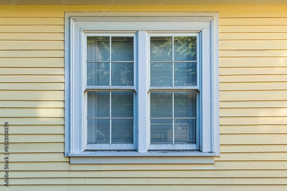 Vinyl siding on house with window frames, close-up view. Vinyl siding on house with window frames, close-up view.