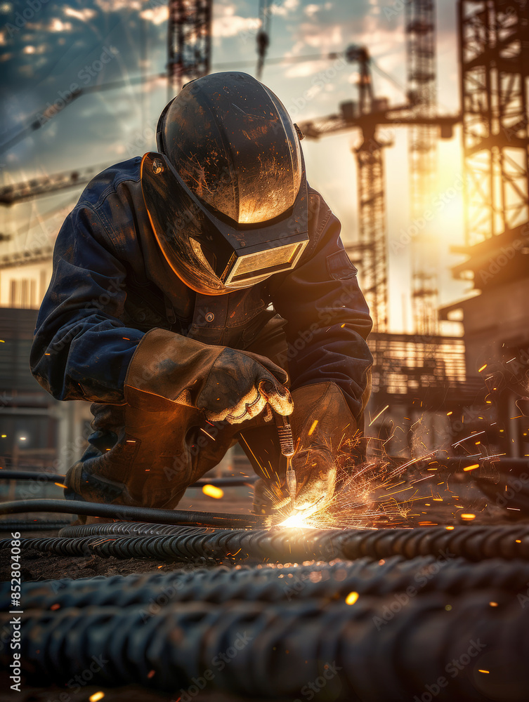 Welding Worker at Construction Site with Sunset Backdrop Welding Worker at Construction Site with Sunset Backdrop