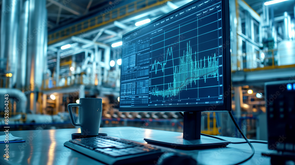 Naklejka premium Computer monitor displaying data analysis charts in an industrial factory setting, with a keyboard and a mug on the desk.