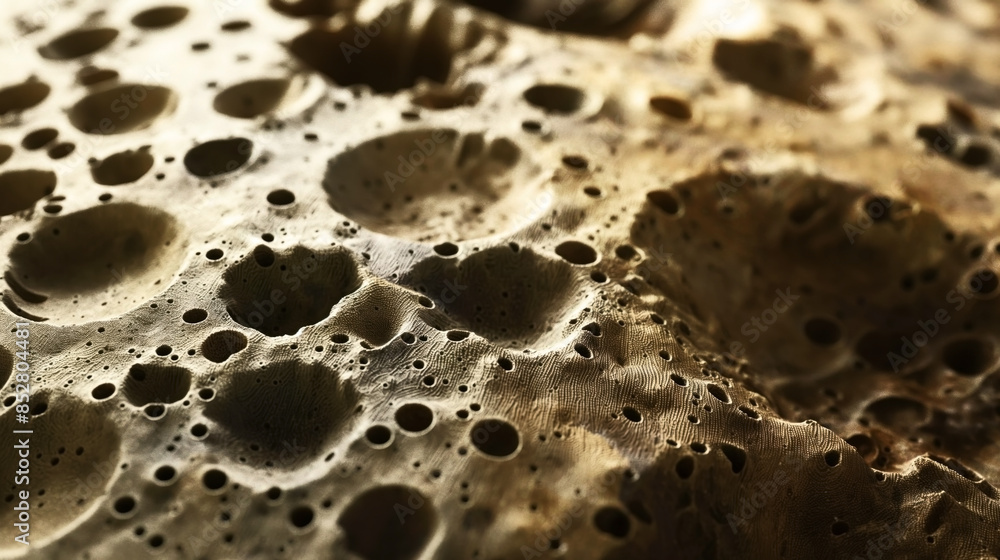 Close-up of a porous, golden-brown textured surface with multiple holes and craters, resembling a lunar landscape or a magnified sponge. Close-up of a porous, golden-brown textured surface with multiple holes and craters, resembling a lunar landscape or a magnified sponge.