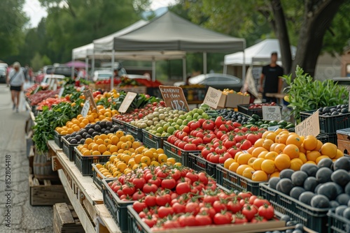 A bustling farmers market with vendors selling organic produce and handmade eco-friendly products.