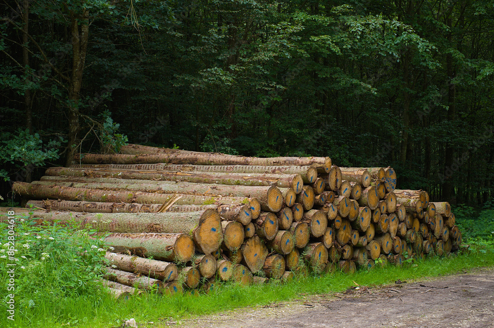 Gestapelte Baumstämme im Wald neben einem Waldweg (Holzwirtschaft / Forstwirtschaft) Gestapelte Baumstämme im Wald neben einem Waldweg (Holzwirtschaft / Forstwirtschaft)
