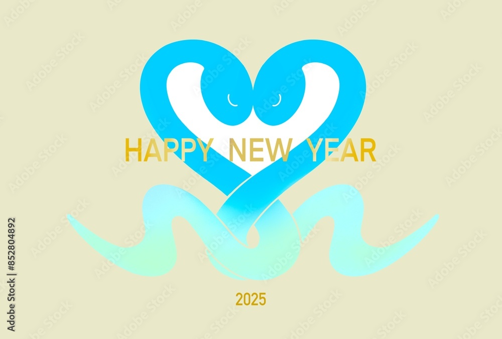 2025年 ハートをつくるヘビのイラストのおしゃれな年賀状 巳年 ブルー 2025年 ハートをつくるヘビのイラストのおしゃれな年賀状 巳年 ブルー