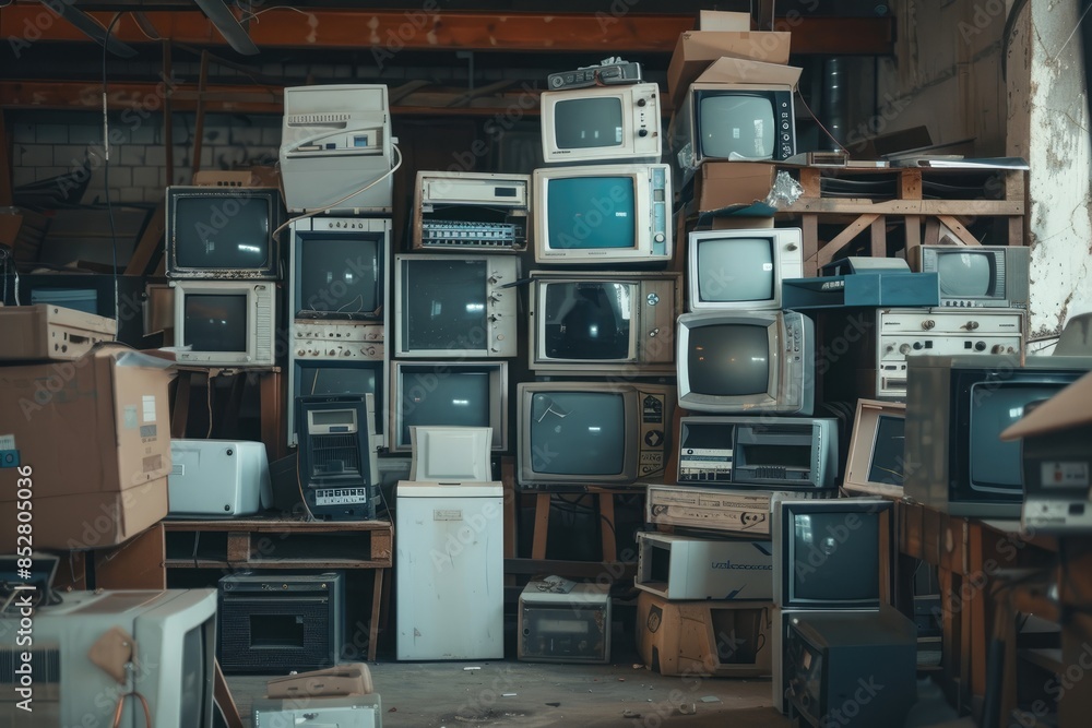 Lots of old electrical appliances for recycling e-waste. Sustainable living concept. Lots of old electrical appliances for recycling e-waste. Sustainable living concept.
